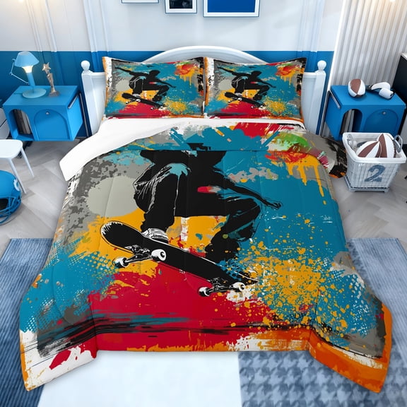 jejeloiu Skateboard Game Twin Comforter Sets,Watercolor Splashing Ink Bedding Set For Boys Kids 2pcs