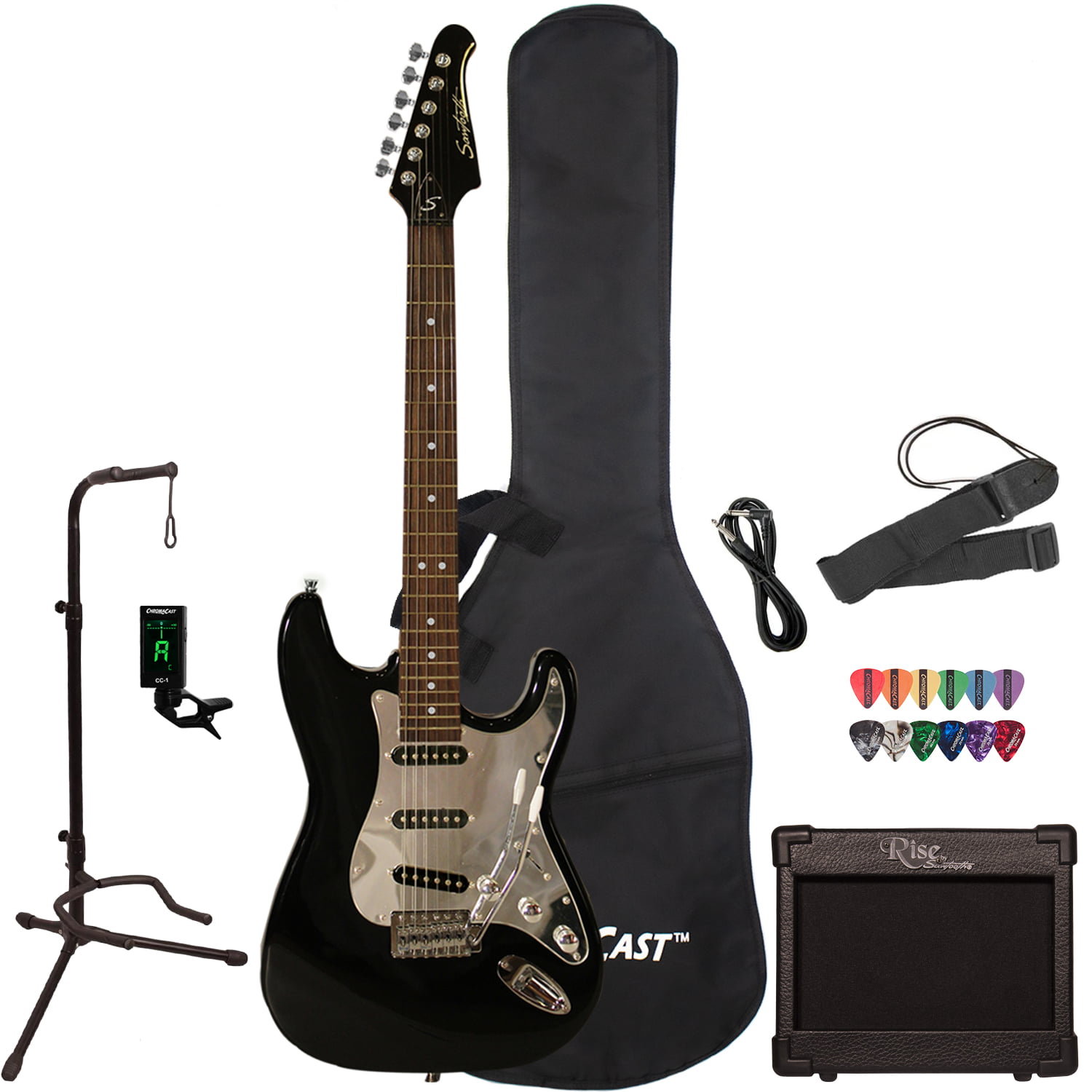 Sawtooth ST-AMP-10-KIT-1ST-AMP-10-KIT-1 10-Watt Electric Guitar Amp with Pro Series Cable and Pick Sampler &  Basics Guitar Folding A-Frame Stand for Acoustic and Electric Guitars 