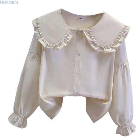 HUANBAI Kids Girls Long Sleeve Party Blouses Kids Elegant Ruffled Button Down Shirts School Tops Crewneck Basic Tees 13-14 Years