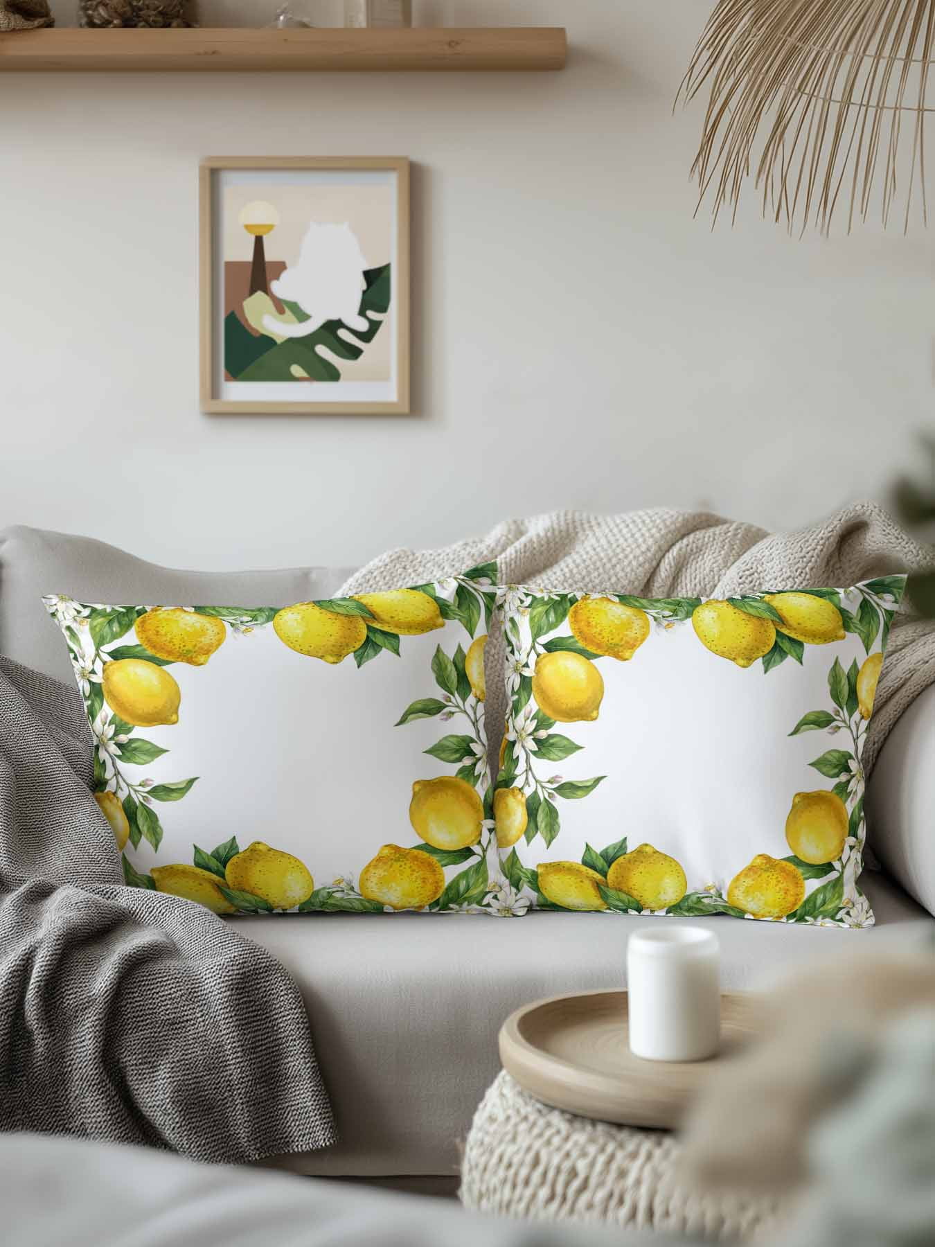 1 Pack Outdoor Pillows Waterproof, Summer Lemons Indoor/Outdoor Throw Pillows with Inserts, Fruits White Flowers Farmhouse Country Decorative Pillow for Patio Furniture Chairs Couch