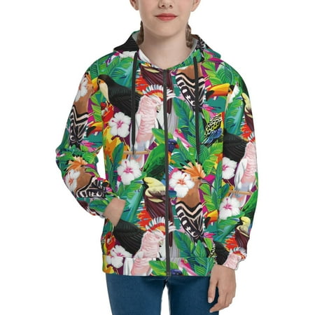 Hoodies for Teen Girls Boys - Tropical Cute Parrot Toucan Plant Warm Boys Fashion Zip Up Hoodies & Sweatshirts Boys Girls Kids Clothes Size 18-20 Youth Pullover with Kangaroo Pocket