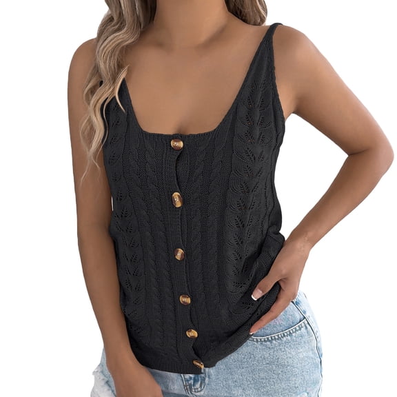 RMGVDSD 2025 Spring/Summer Solid Color Hollow Button Tank Top Knitted Shirt Holiday Top Women's Wear Long Sleeve Sweater Fashion Pullover Sweater Tops /Black