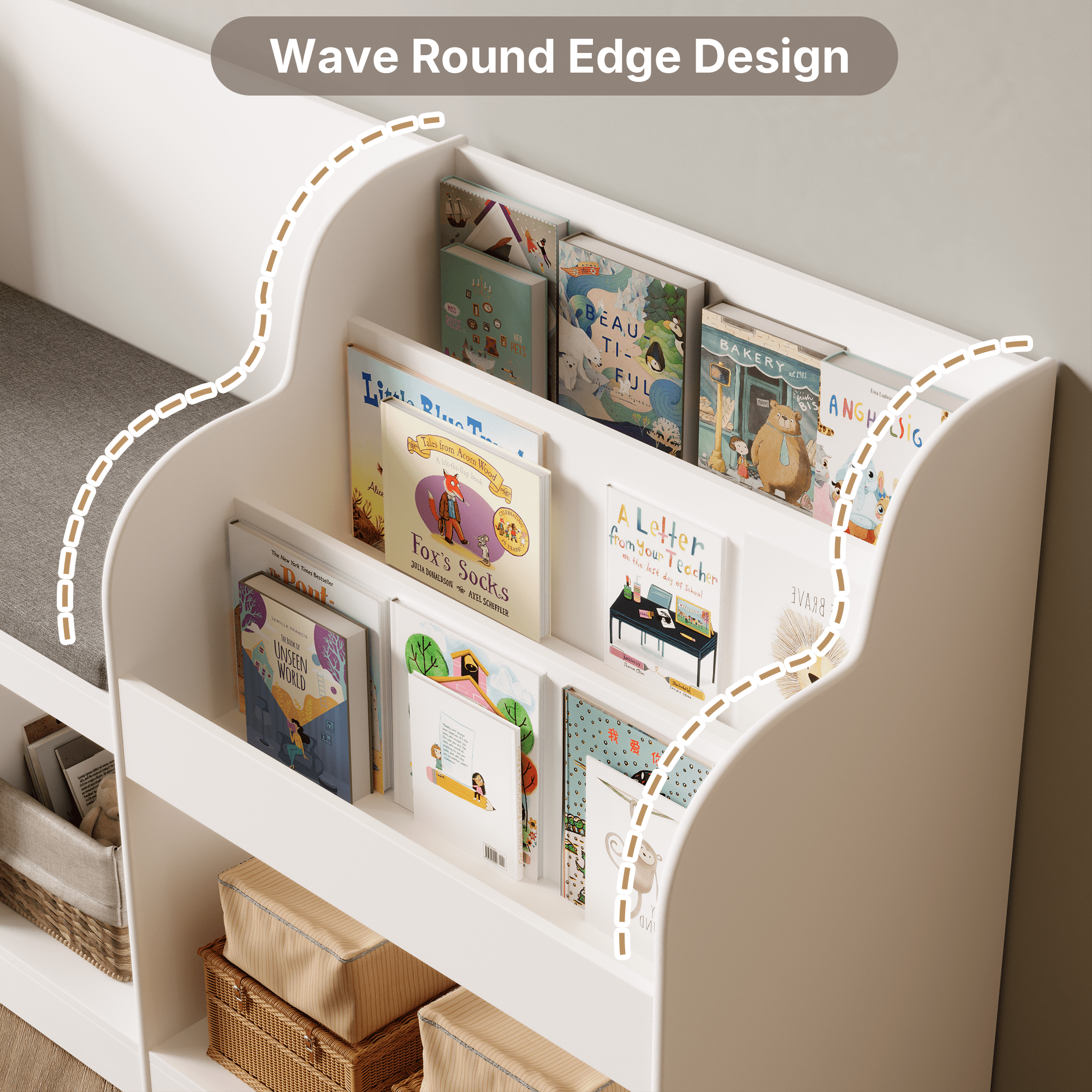 Lofka Kids Bookshelf with Reading Nook & Toy Storage - 3-Tier Bookshelf, 7 Cube Organizer, Double Seat & Anti-Tip Design - Perfect Children’s Bookcase & Playroom Furniture (White)