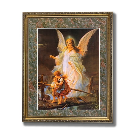 Guardian Angel Picture Frame - Guardian Angel With Children On Bridge Religious #2 Wall Picture Gold Framed Art Print