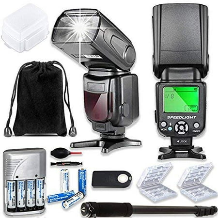 TTL Speedlite Flash for Canon DSLR Cameras including EOS Rebel T3, T4, T6, T7, T1i, T2i, T3i, T4i, T5i, T6i, T7i + Monopod + 4 AA Rechargeable Batteries & Charger + 2x Battery Case + Accessory