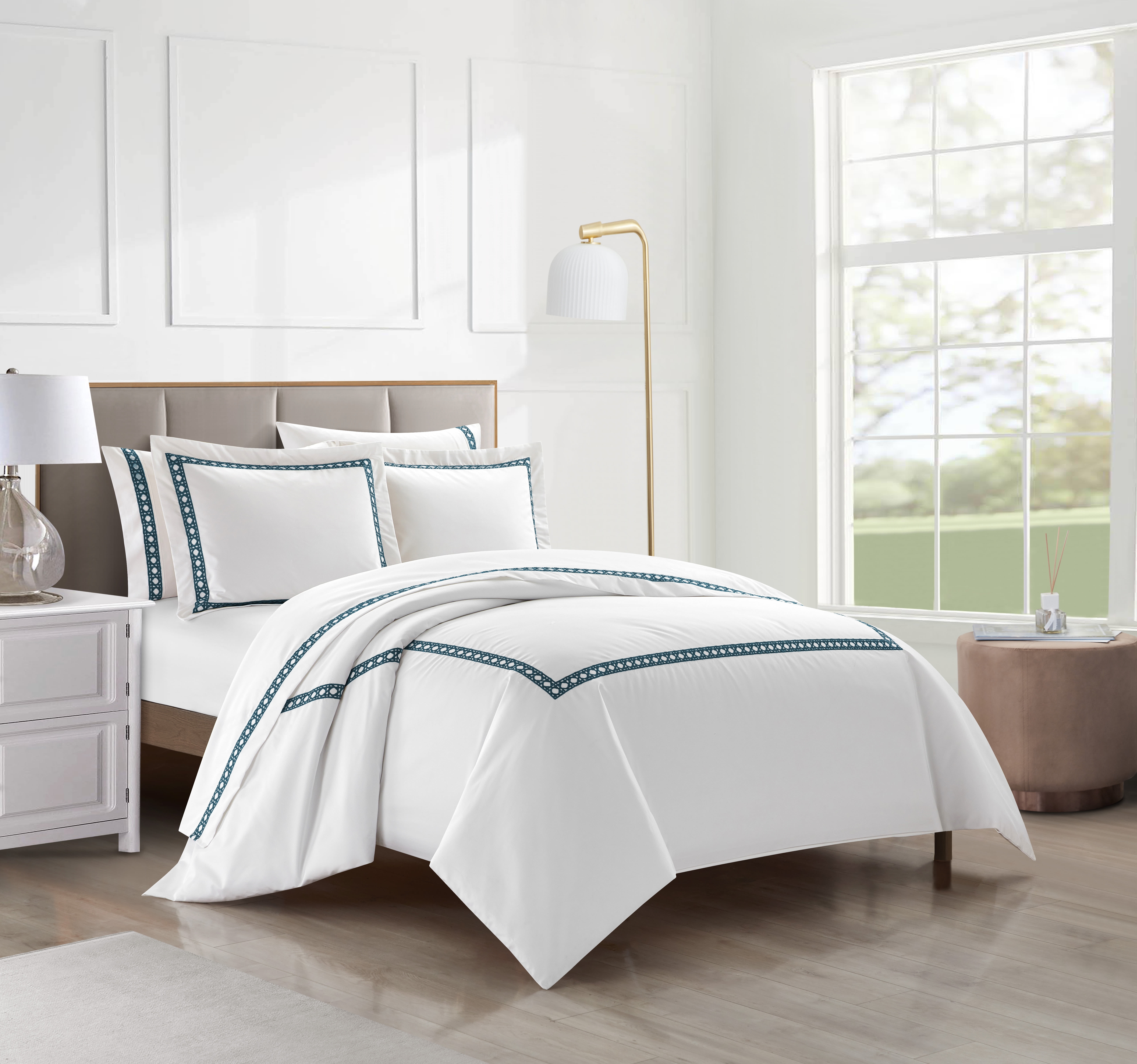 Chic Home Lewiston 3 Piece Cotton Blend Duvet Cover 1500 Thread Count Set Solid White With Embroidered Lattice Stitching Details Bedding – Includes Two Pillow Shams, Queen, Navy Blue