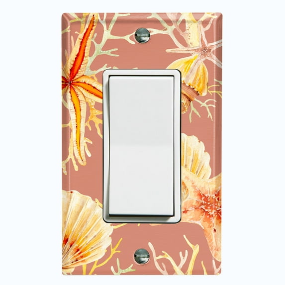 Metal Light Switch Wall Plate Outlet Cover (Ocean Sea Star Fish Shell Coral Clam Peach - Single Rocker)