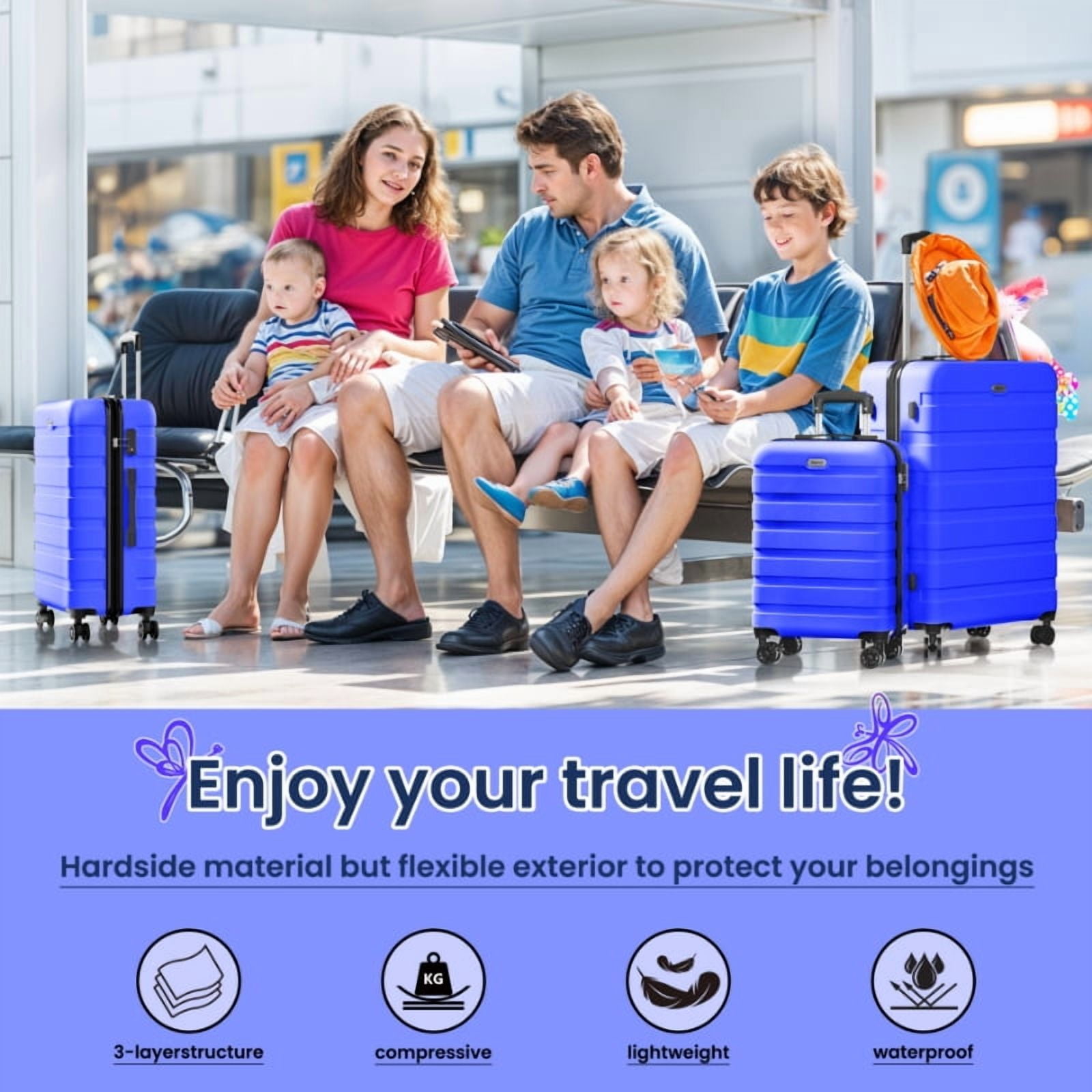 Luggage Set 3 Piece,PC ABS Lightweight Hardside Suitcases with TSA Lock,Carry on luggage with Wheels,DarkBlue