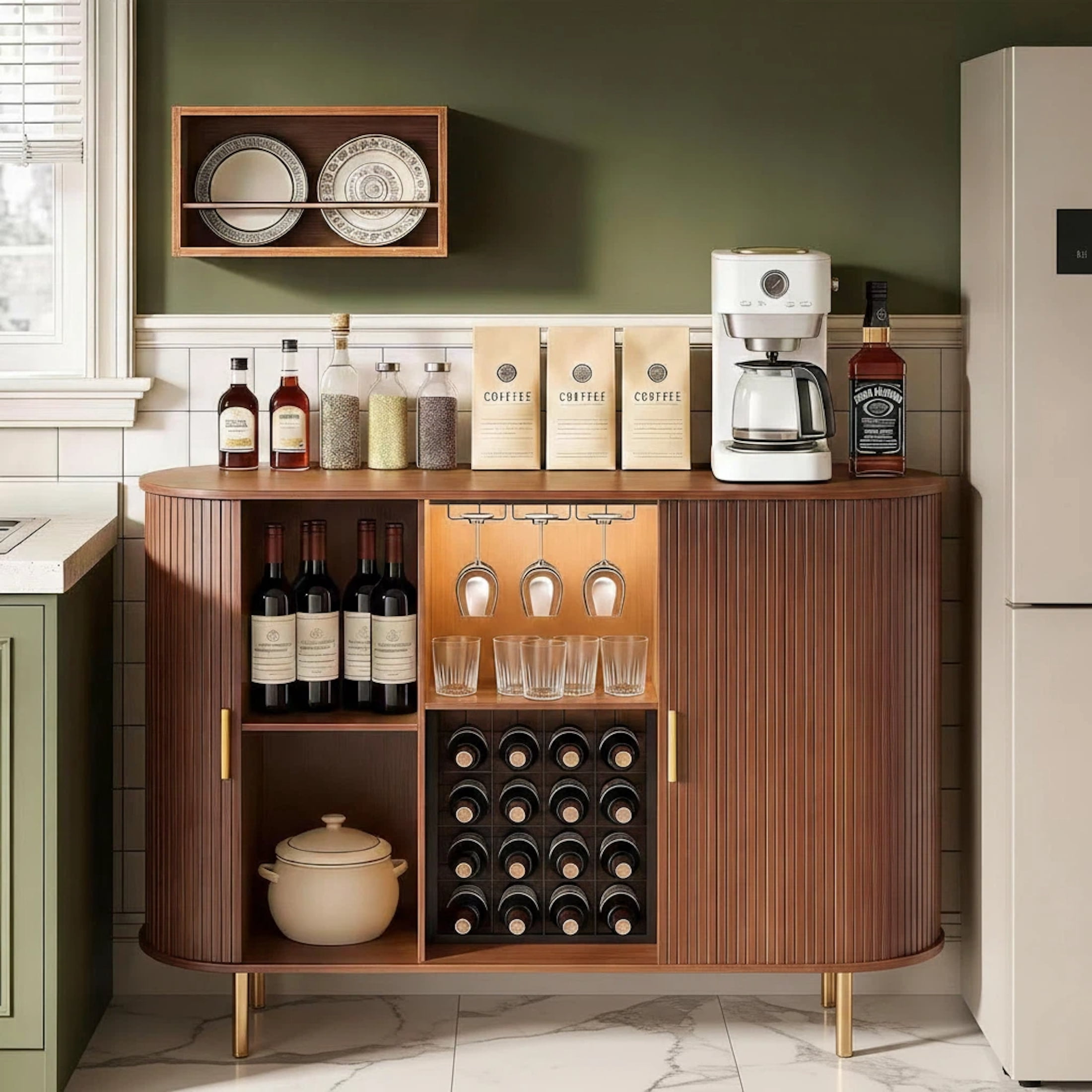 Aisword 55" Wine Bar Cabinet with Storage, Fluted Liquor Coffee Bar Cabinet with LED Lights, Buffet Sideboard, Walnut