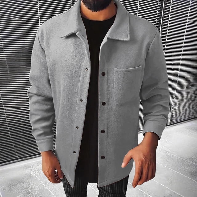 NTACZA Lapel Collar Mens Winter Jacket Wool Gray Shirt Jacket Button Down Regular Fit Shacket Winter Coats for Men,L