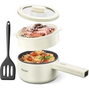 Hot Pot Electric With Steamer, 1.6L Ramen Cooker Non-Stick Sauté Pan for Steak, Egg, Fried Rice, Ramen, Oatmeal, Soup, Portable Personal Perfect Suit Dorm Room and Apartment (White)