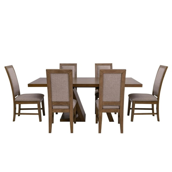 Linon Carver 7 Pce Extendable Dining Set with 6 Upholstered Chairs in Brown Wood