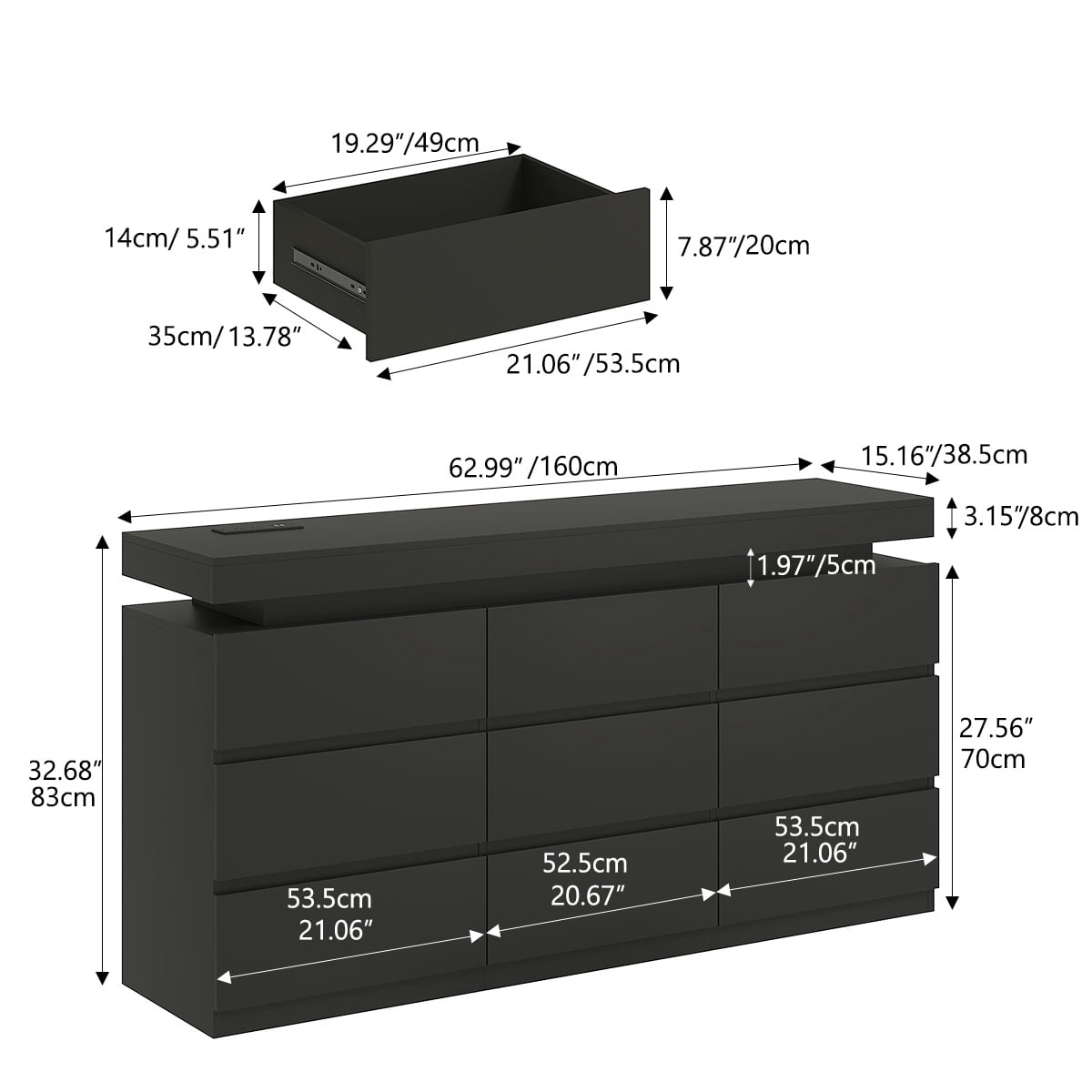 Modern 9-Drawer Dresser with Power Outlet - Storage Cabinet with LED Lights, Wide Chest of Drawers with Charging Station, Organizer for Bedroom, Closet, Living Room