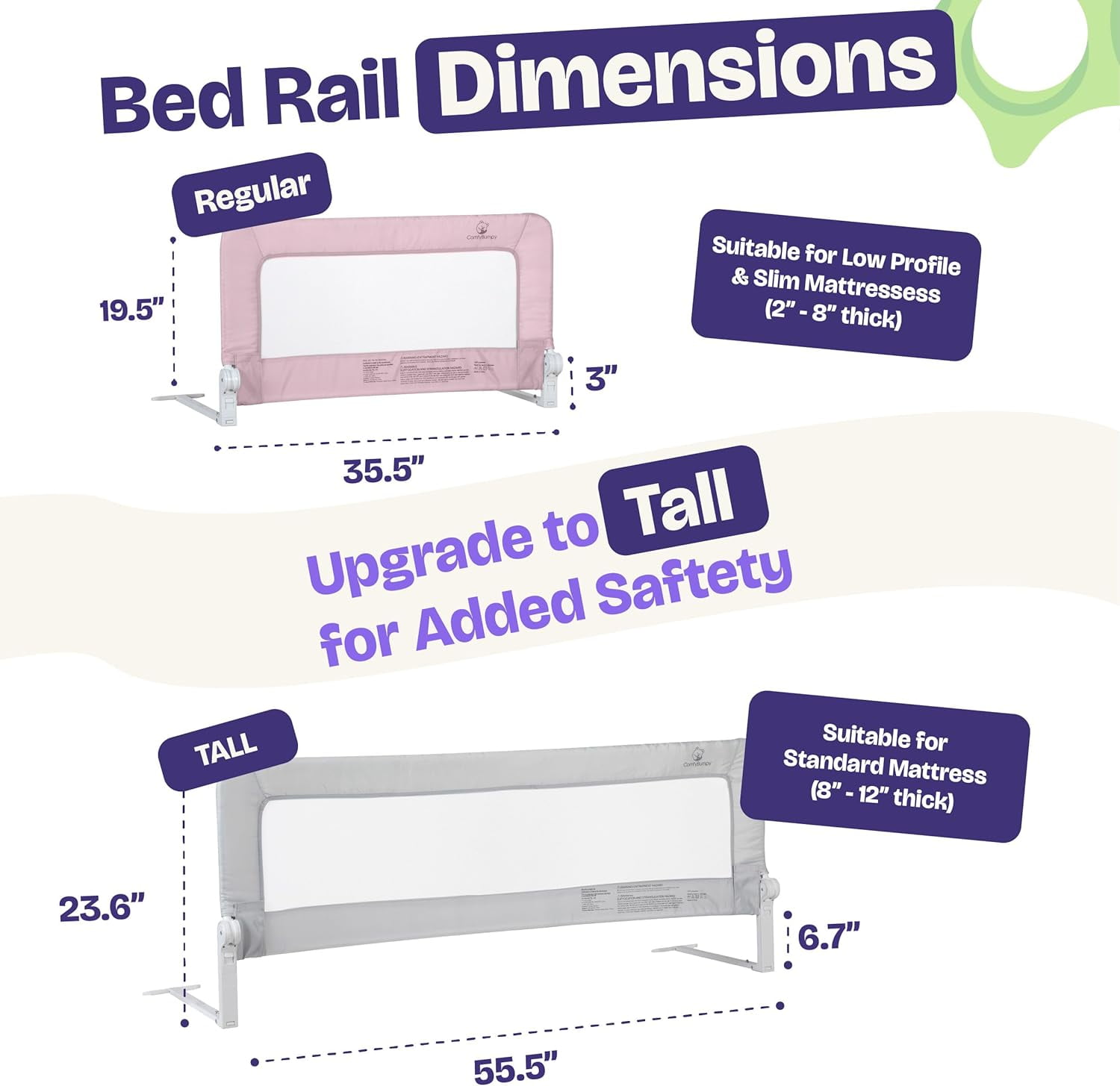 ComfyBumpy Toddler Bed Rail Guard, 35.5" x 19.5" Regular Swing Down Rail for Kids Beds, Pink, 1 pack