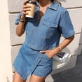 thumbnail image 5 of BRGZLK Denim 2 Piece Outfits for Women Summer Casual Trendy V Neck Jean Tops Asymmetric Hem Short Skirt Loose Set with Pockets Streetwear Dark Blue S, 5 of 6