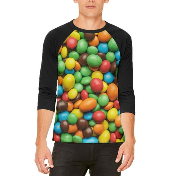 Halloween Candy Coated Chocolate Mens Raglan T Shirt White-Black LG