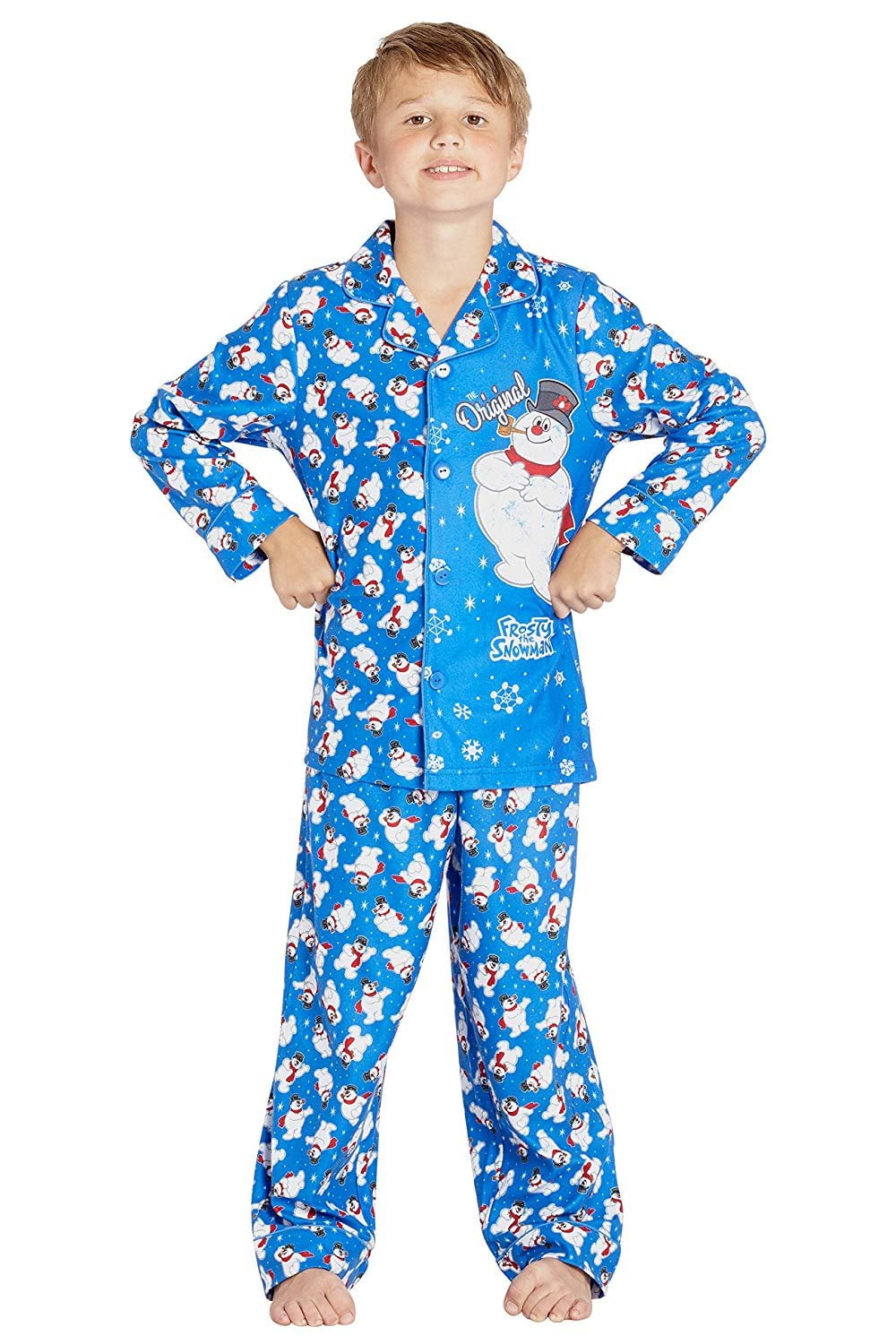 Toddler Boys Frosty The Snowman 2 Piece Button Up Blue Holiday Christmas Pajamas