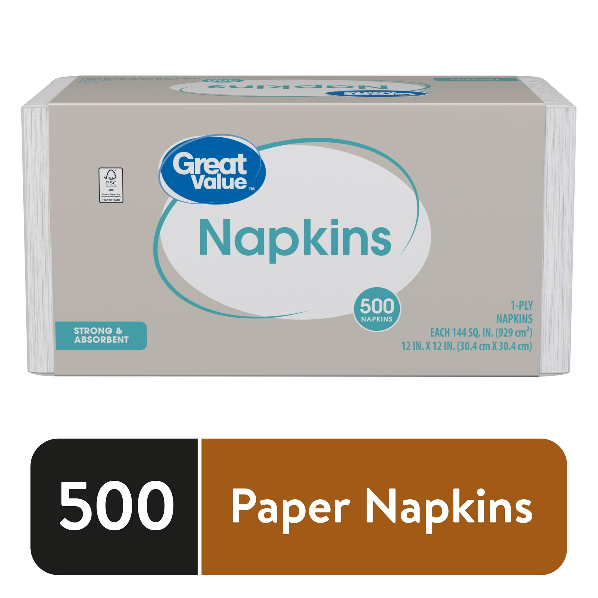 Great Value White Disposable Paper Napkins, 12 in x 12 in, 500 Count
