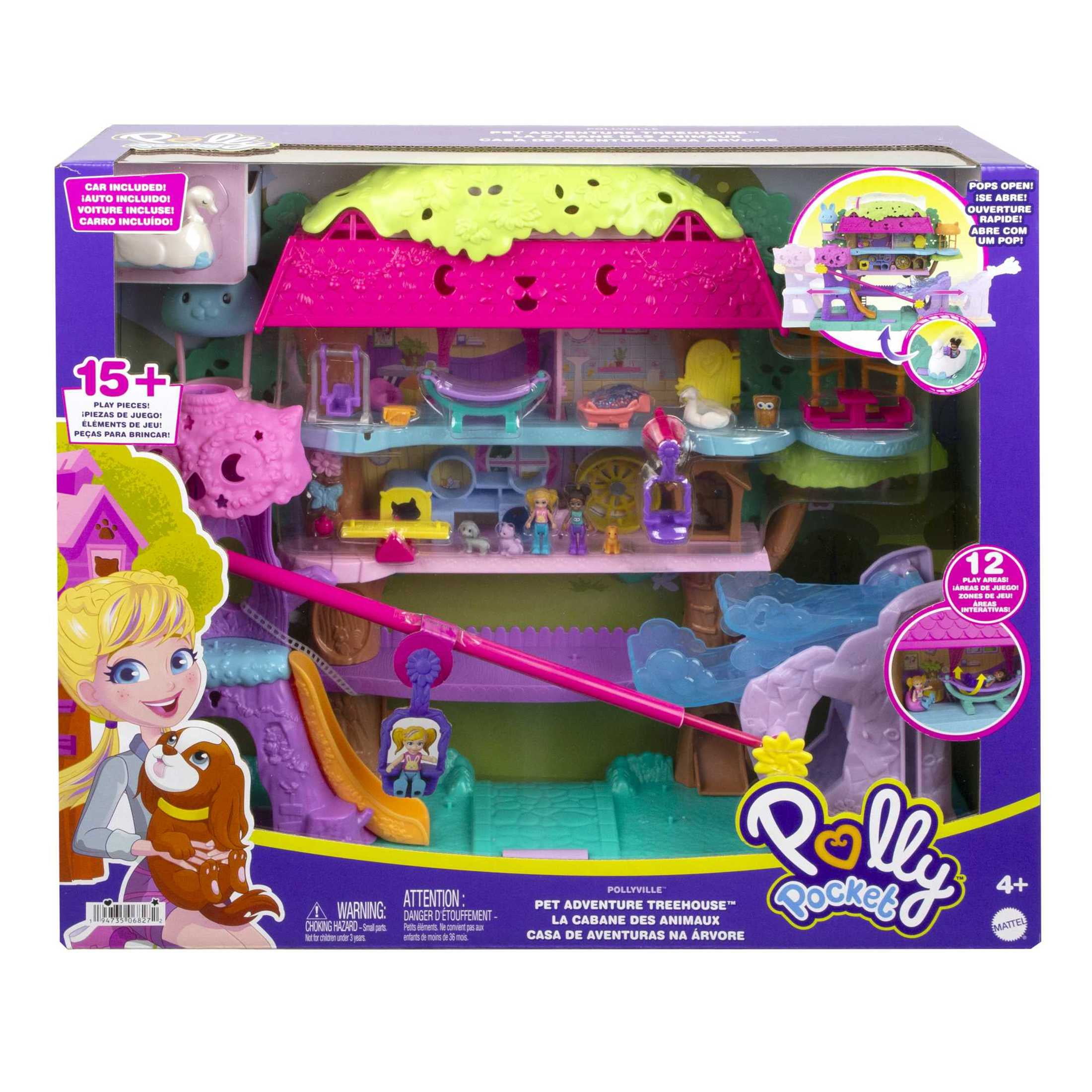 Polly Pocket Pet Adventure Treehouse Playset, Doll House with 2 Micro Dolls, Toy Car & 15+ Accessories