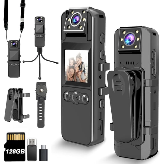 Camera with Audio and Video Recording, 1080P Cam with 180? Rotating Lens, 6HR , IR Cut Auto Night Vision, 128GB Worn Camcorder, for Personal Civilians, Law Enforcement