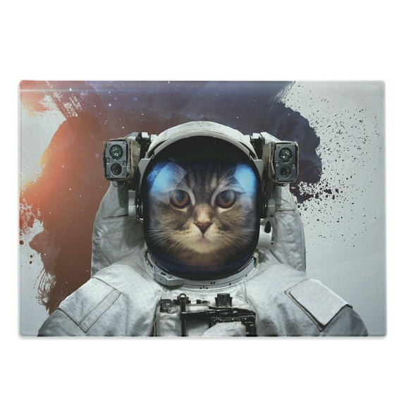 Space Cat Cutting Board, Street Art Grunge Backdrop with Cosmonaut Cat in Space Suit Image, Decorative Tempered Glass Cutting and Serving Board, Large Size, White Purple and Orange, by Ambesonne