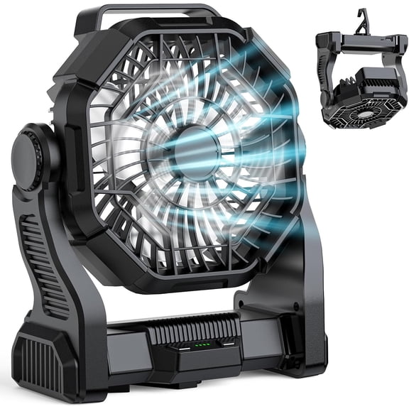 Camping Fan Rechargeable, Real 10000mAh Battery Powered Portable Fan with LED Light and Hook, Battery Operated Fan 10-Inch, USB Outdoor Portable Fans for Travel, Fishing, Picnic, Beach, Black