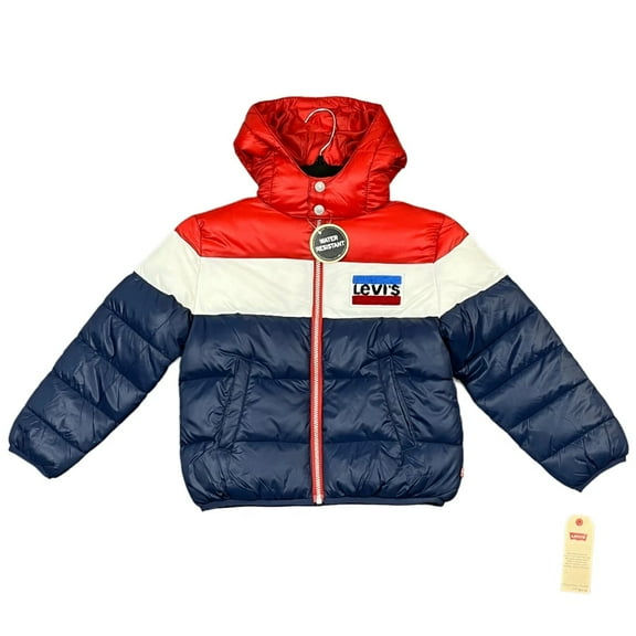 Levi's Boys Full Zip Puffer Jacket Size L(6-7) Blue Multi Hooded Water Resistant