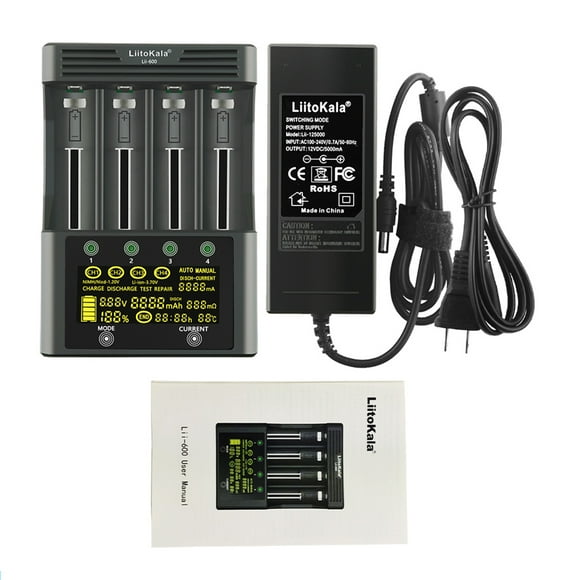 Graflsoa LiitoKala lii-600 Smart Battery Charger with Touch Control, 4-Slot Independent Charging for 18650/21700/22650/AAA/AA, USB Charger, US Plug, Black