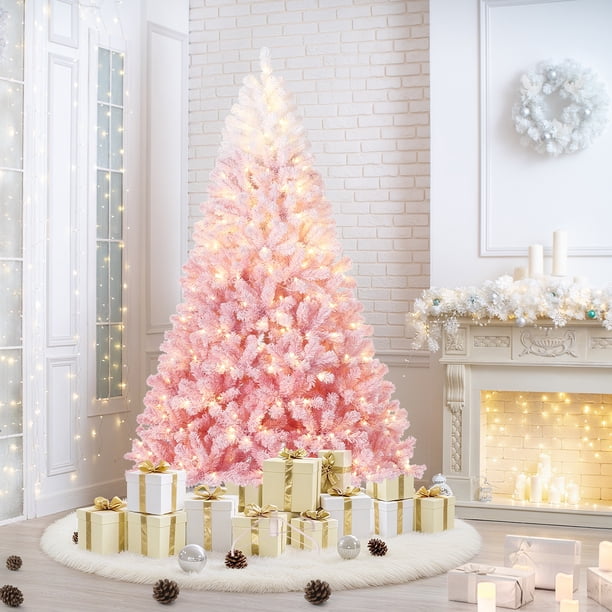 CazToi 4.5FT/138CM Árbol de Navidad con Luces Cálidas Nieve Rosada Ramas Realistas Base Metálica