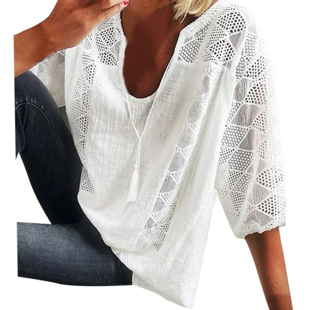 Pompotops Women's Solid Color Lace Stitching V-Neck 3/4 Sleeve T-Shirt Loose Shirt