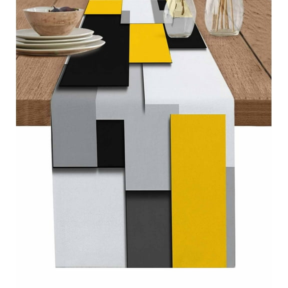 Table Runner Dresser Scarf 18 x 72 Inch Yellow Black Patchwork Abstract Retro Art Table Runners Non-Slip Heat Resistant Kitchen Dining Table Decor for Indoor Outdoor Home Party Decoration
