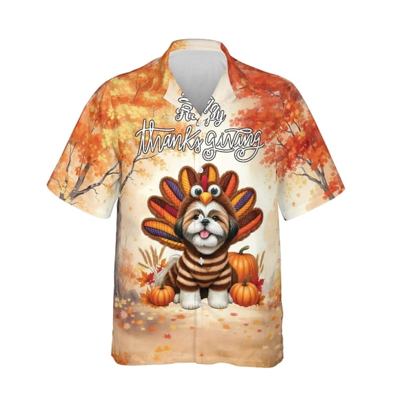 Happy Thanksgiving Shih Tzu Turkey Costume Pumpkins Autumn Leaves Hawaiian Shirt Breathable Summer Unisex Merch Lion Dog Lover Gifts - 13014