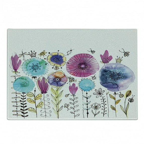 Dragonfly Cutting Board, Hello Summer Concept Dandelion and Winged Bug Be Happy Art, Decorative Tempered Glass Cutting and Serving Board, Small Size, Pink Blue, by Ambesonne