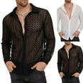 thumbnail image 6 of CENL Men Mesh See-through Loose Shirt Top Sexy Long-Sleeved V-neck Turn-down Collar, 6 of 6