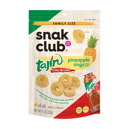 Snak Club Tajin Pineapple KEF28 Rings Gummy Candy, Fruit Candy Gummies with Chili and Lime Seasoning, Mild, Gluten-Free and Vegan Snacks, 11 oz Resealable Bag