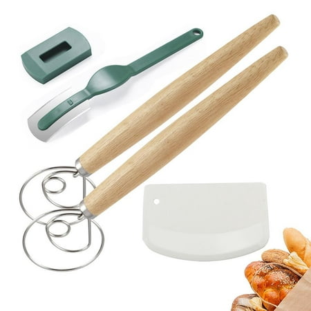 

SweetCandy Bread Tool Danish Dough Whisk Bread Mixer 2 Pack Premium Stainless Steel Dutch Whisk & A Dough Scraper For Bread Pizza Dough