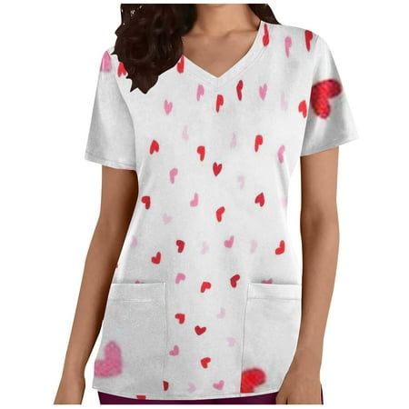 

YWDJ Valentine s Day Scrub Tops for Women Hearts Print with V Neck Short Sleeve White XXL