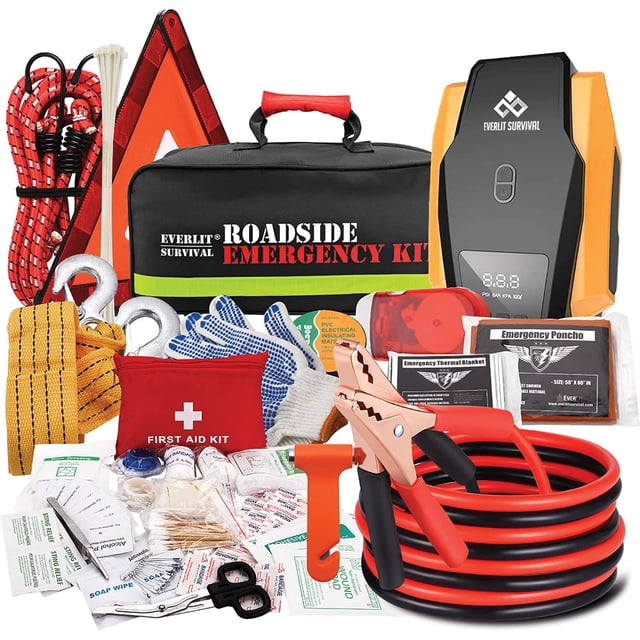 Everlit Survival Car Emergency Kit, Roadside Safety Tool Kit with Gloves,Digital Auto Air Compressor Tire Inflator, First Aid Kit