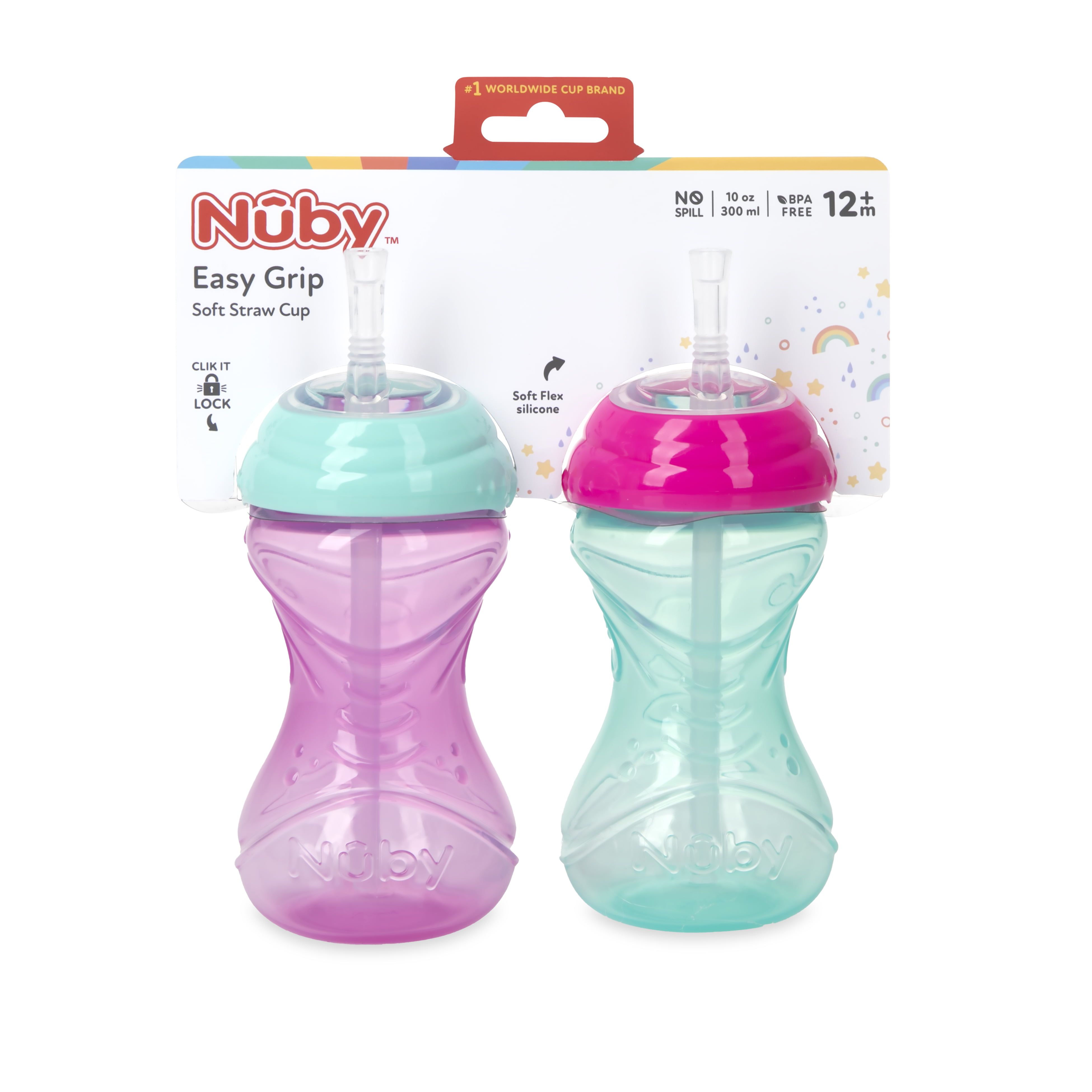 Nuby 3 Piece No-Spill Easy Grip Cup with Flex Straw, Clik It Lock Feature,  Boy, 10 Ounce