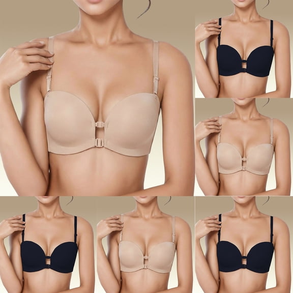 Letdown Women's Detachable Strap Bras Front Buckle Seamless Bandeau Bralette Soft Stretchy Non-Padded Tube Top Wireless Push Up Bra (#01-Beige,XL)