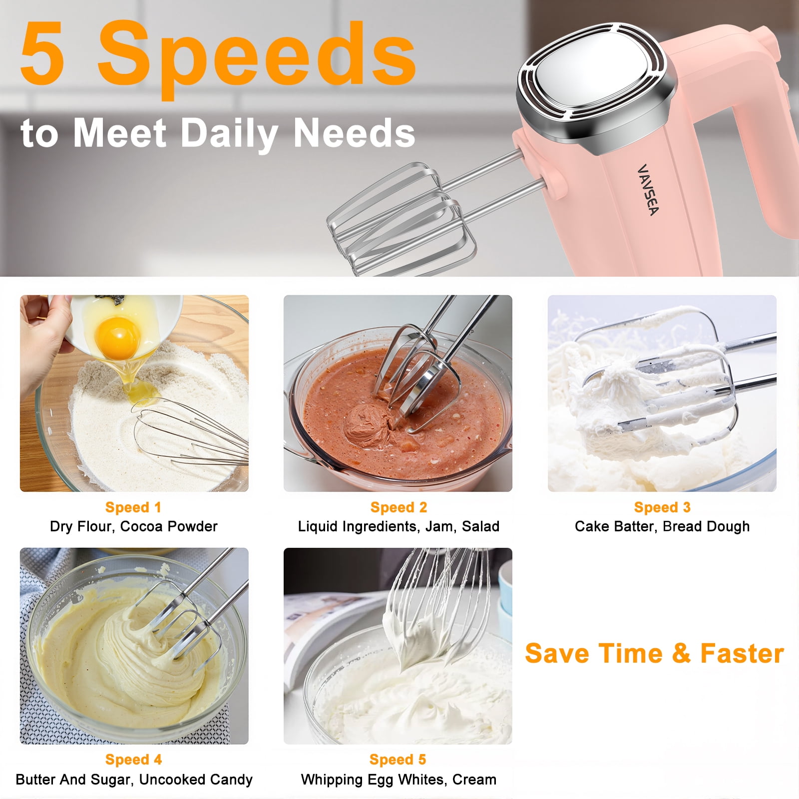 VAVSEA Electric Hand Mixer with 32 Attachments, Includes 2 Whisk, 2 Dough Hooks, 2 Beater, Cake Decorating, 500W Handheld Mixer for kitchen, Baking, Blending, Pink