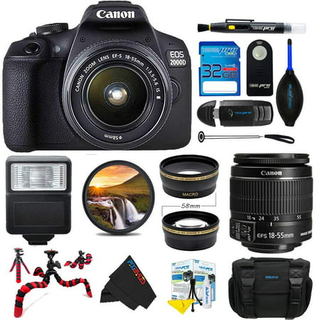 Canon EOS 2000D / Rebel T7 Digital SLR Camera w/ 18-55mm f/3.5-5.6 DC III Lens (Black) + PixiBytes Advanced Accessory Bundle