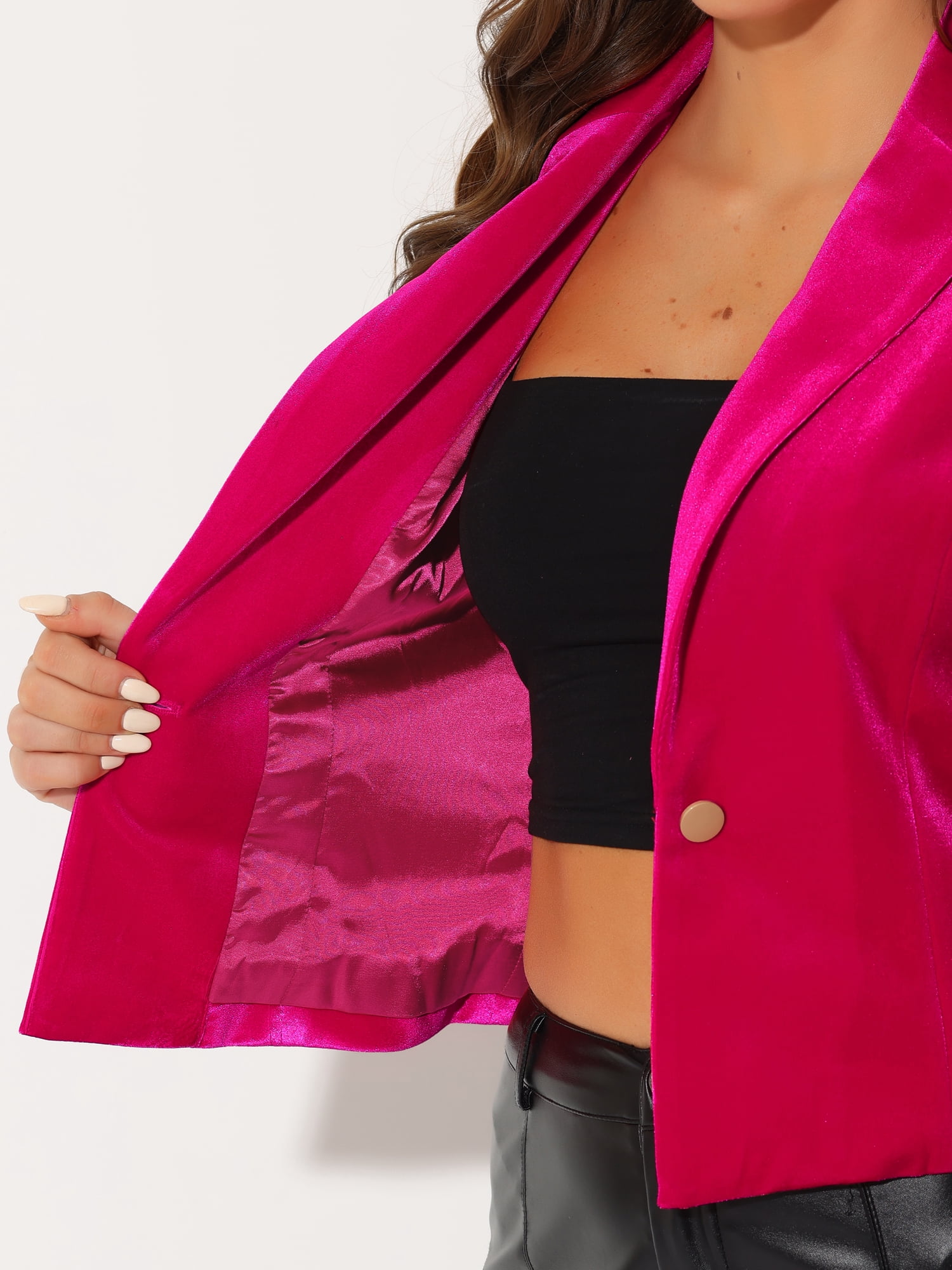 DARING DIVA Women's Button Front Velvet Blazer Lapel Crop Suit Jacket XL Hot Pink