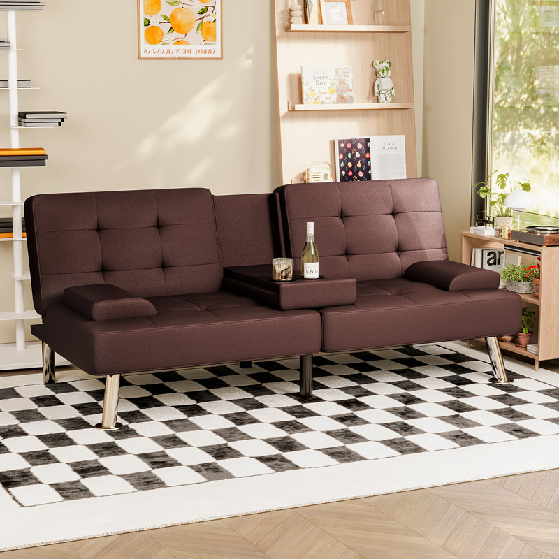 Lacoo Linen Futon Sofa Bed Modern Convertible Sleeper Couch with Removable Armrests & Cup Holders for Living Room,Small Spaces,PU Leather Brown