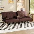thumbnail image 3 of Lacoo Linen Futon Sofa Bed Modern Convertible Sleeper Couch with Removable Armrests & Cup Holders for Living Room,Small Spaces,PU Leather Brown, 3 of 8
