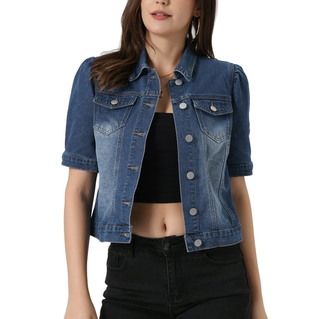 Chaqueta de mezclilla para mujer con mangas cortas abullonadas y botones, L Azul