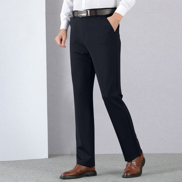 Pantalones de traje de hombre con cremallera y bolsillo, rectos, de tubo, de color liso, de poliéster
