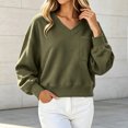 thumbnail image 2 of Hurxie Womens V Neck Cropped Sweatshirt Casual Pullover Tops Cropped Length with Chest Pocket Drop Shoulder Casual Fall Style Army Green,XL, 2 of 6