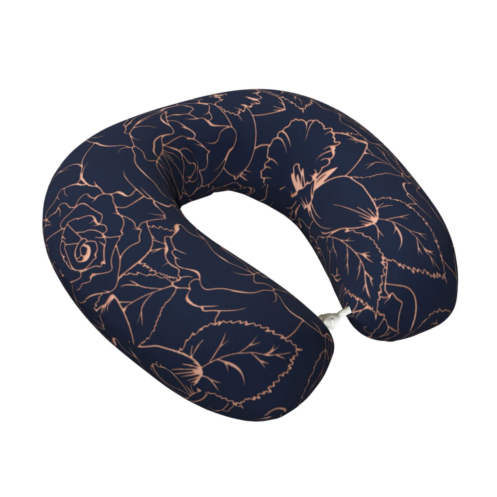 Xecao Copper-Gold Gloss Outline Flower Print Memory Foam Cervical Neck Pillow Versatile U-Shaped Pillows for Home,Office,Camping,Travelling,Soft Washable Cover