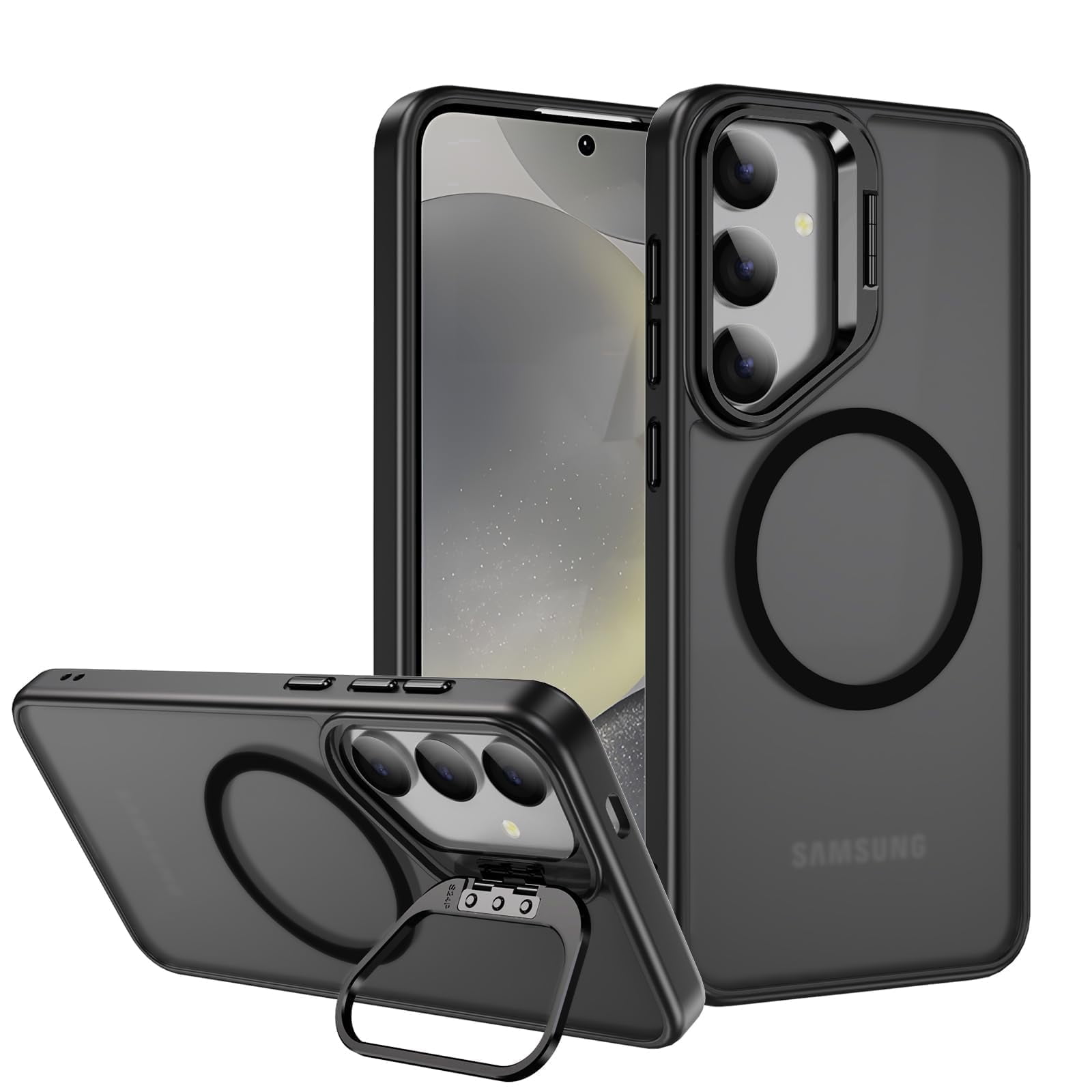 Meifei Magnetic Case for Samsung Galaxy S24 5G 6.2 inch SM‑S921U, S921U1, Hidden Stand Slim Shockproof Hard Back Soft Edge Protective Cover, Black